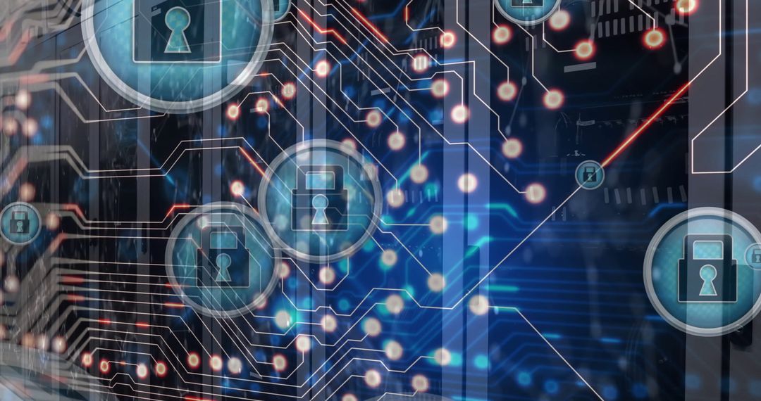 Digital Padlock Icons Over Data Servers Representing Cyber Security