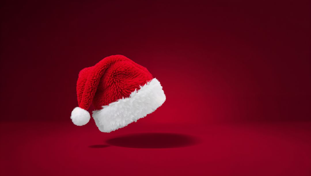 Floating Santa Hat on Red Background with White Fur Trim and Soft Shadow