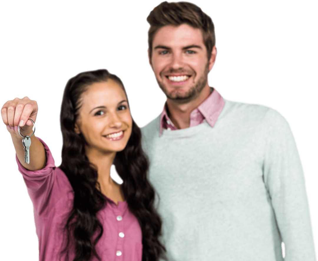 Smiling Couple Holding Keys Celebrating New Home on Transparent Background