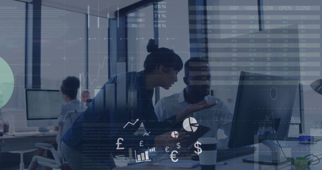 Diverse Colleagues Collaborating in Modern Office with Financial Graphs