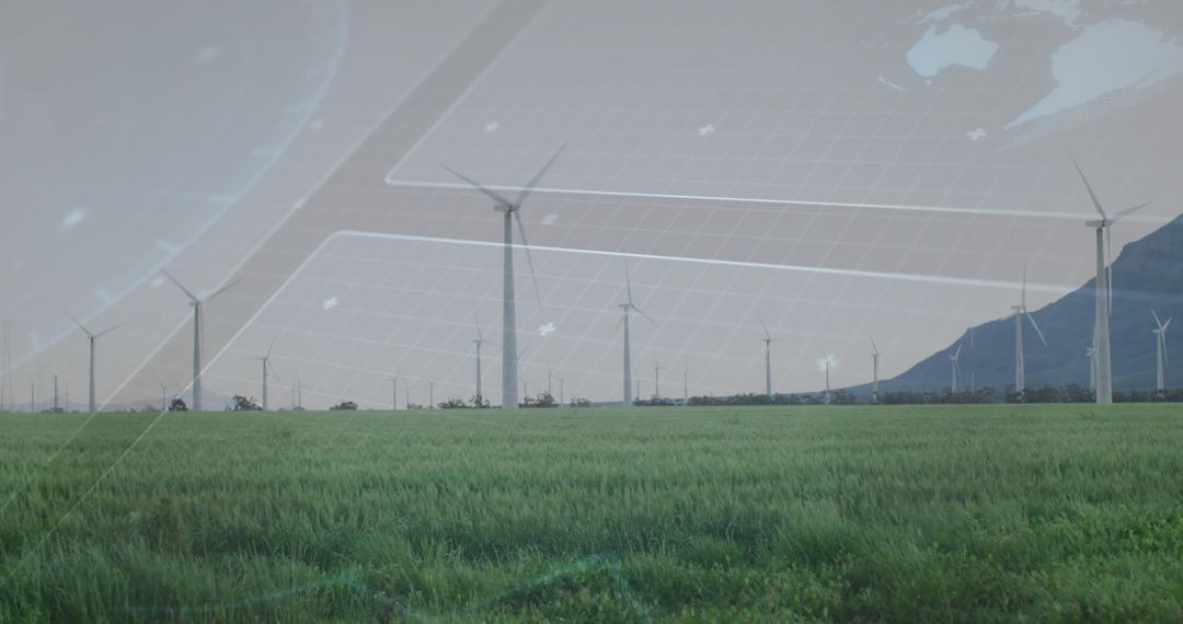 Wind Turbines on Lush Field with Futuristic Digital Overlay