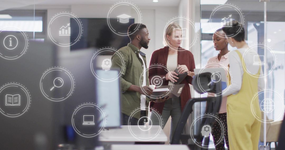 Team collaborating around tablet in modern open-plan office with digital overlays