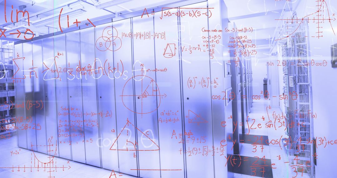 Mathematical Equations Overlayed on High-Tech Server Room