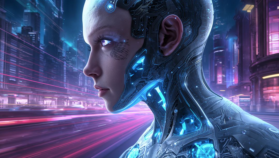 Futuristic Android with Glowing Circuits in Neon Metropolis