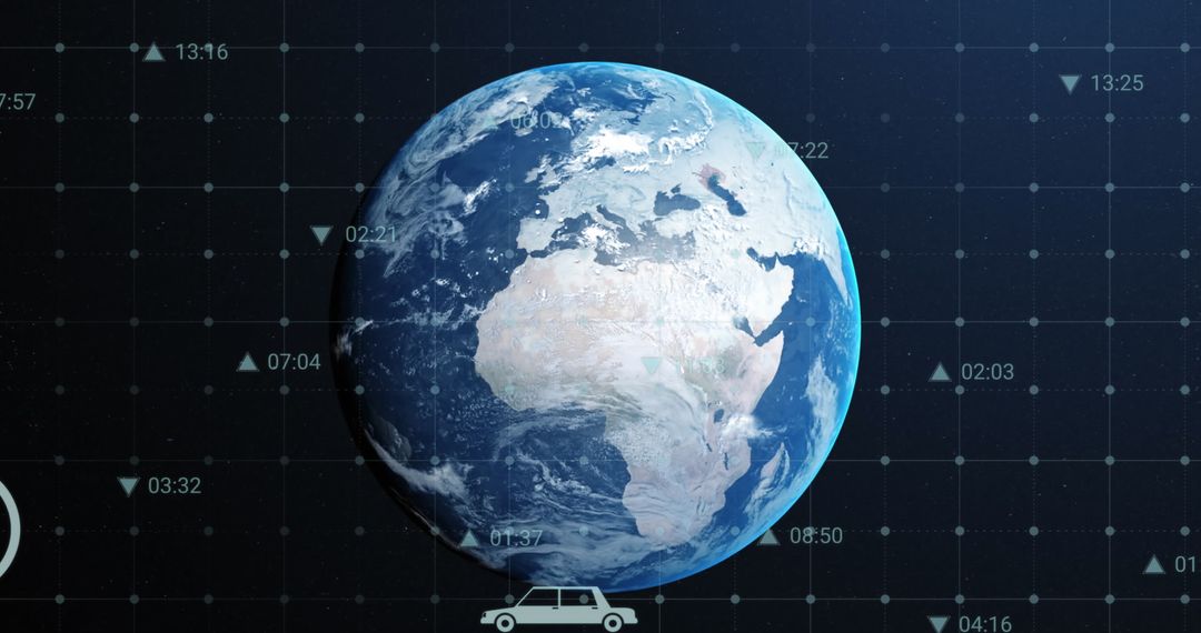 Spinning Globe with Digital Icons over Network Grid