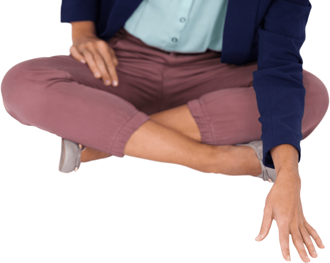 Transparent Businesswoman Sitting Cross-Legged in Business Attire