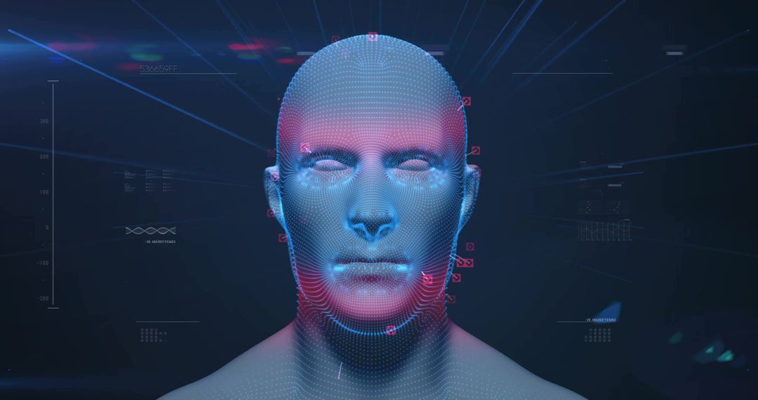 Futuristic 3D Head Model with Digital Facial Recognition Interface