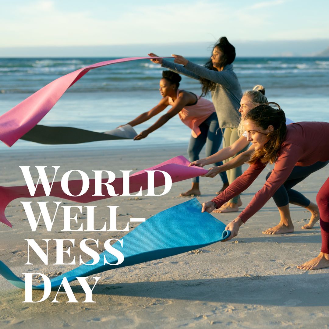 Multiracial Women Setting Exercise Mats on Beach for World Wellness Day - Download Free Stock Templates Pikwizard.com