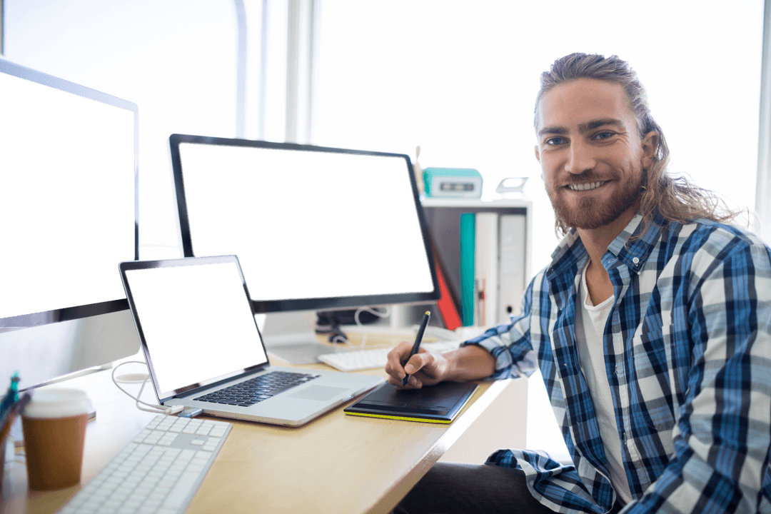 Transparent Portrait of Smiling Creative Executive in Office