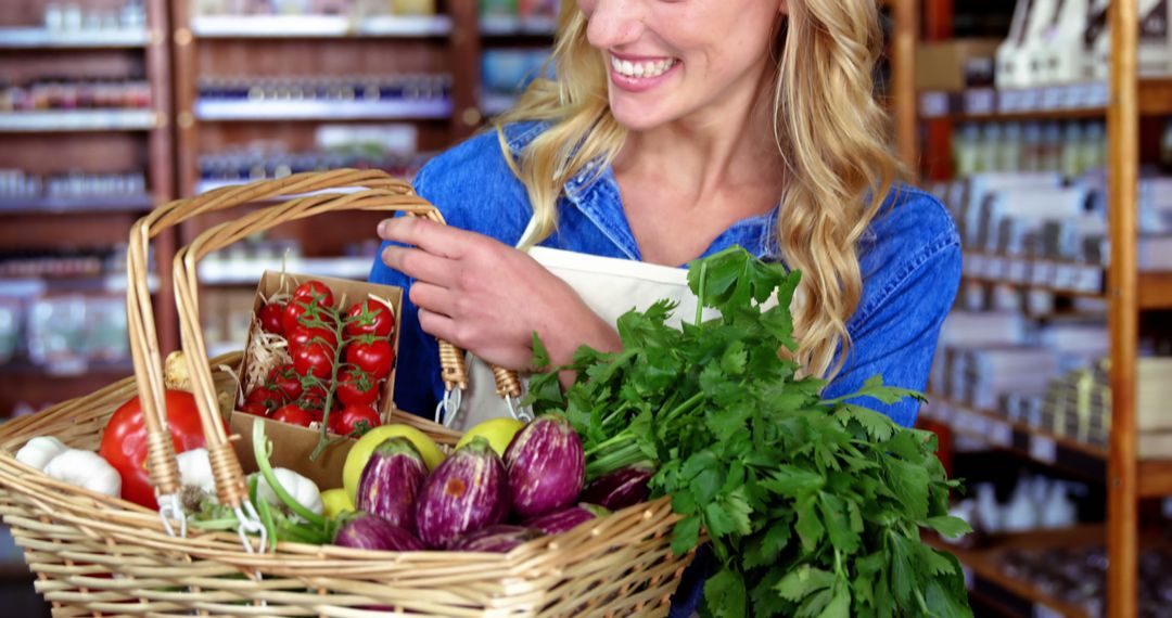 Woman Grocery Shopping with Fresh Vegetables in Basket - Free Images, Stock Photos and Pictures on Pikwizard.com