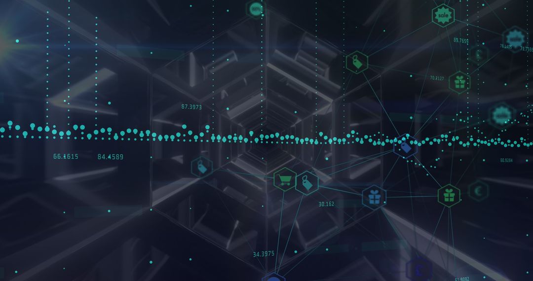 Futuristic Data Network with Tech Icons Over Hexagonal Tunnel