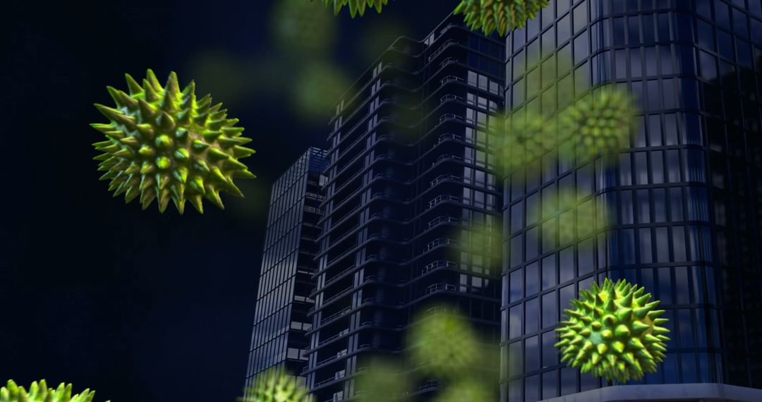 Digital Virus Cells Over Urban Skyscrapers