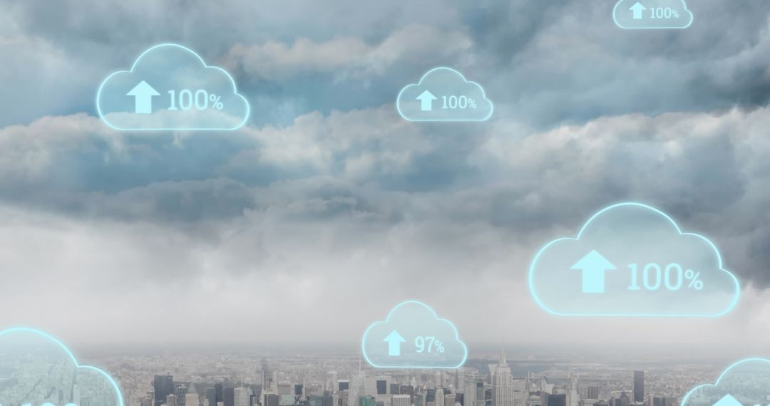 Digital Clouds Overlaying Cityscape Symbolizing Cloud Computing