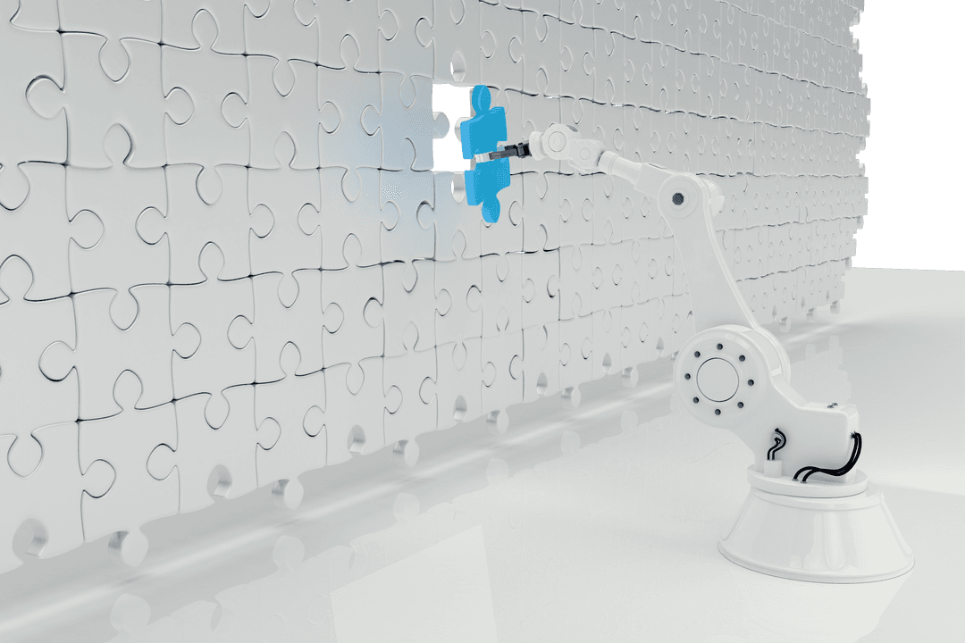 Robotic Arm Aligning Puzzle Pieces on Transparent Background