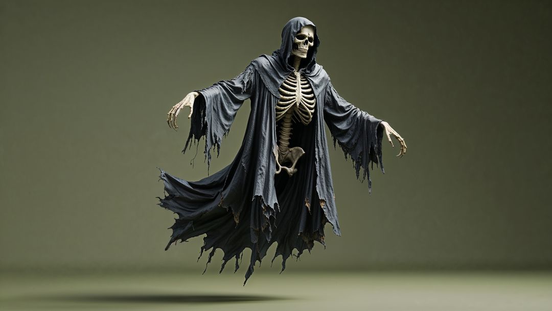 Mystical grim reaper in hooded cloak hovering mysteriously