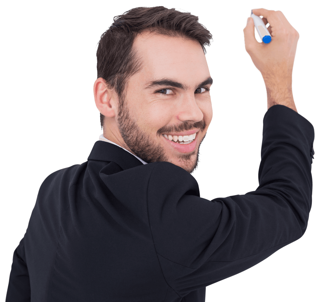 Happy Businessman Writing with Marker Pen Transparent Background