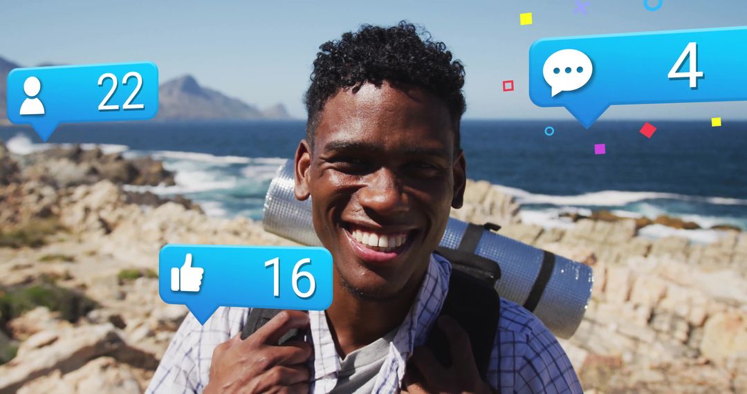 Smiling Hiker Enjoying Ocean View with Social Media Engagement