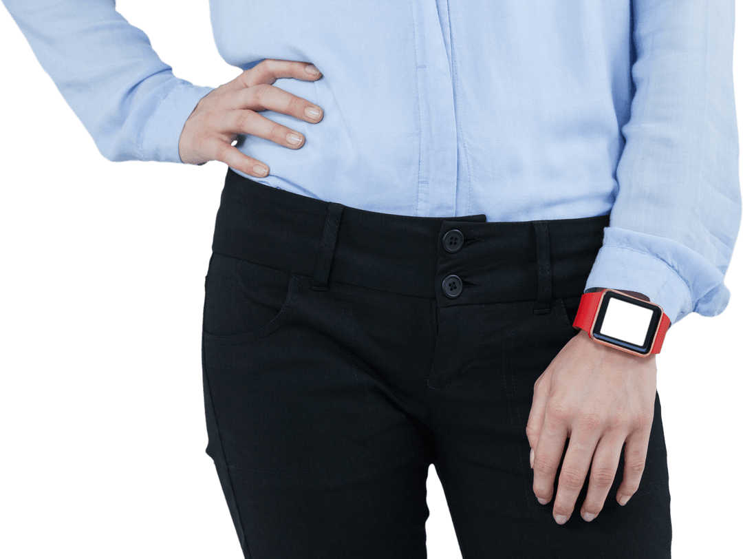 Caucasian Woman Wearing Red Smartwatch on Transparent Background