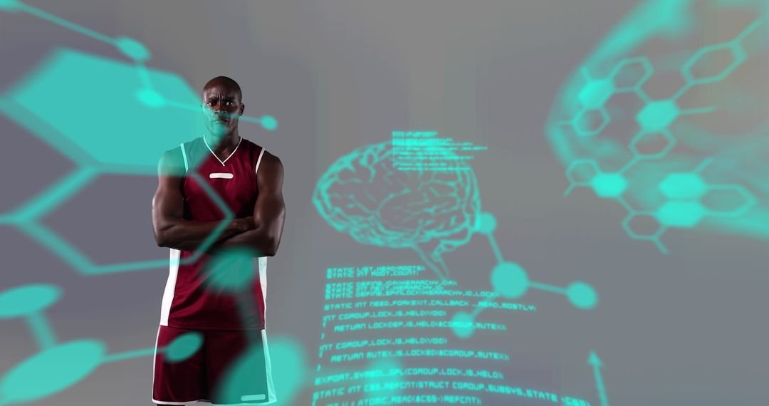 Motivated Basketball Player Embraces Technology with Futuristic Overlay
