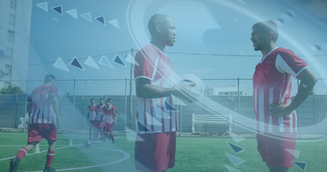 Multiracial Soccer Team Training on Sunny Field