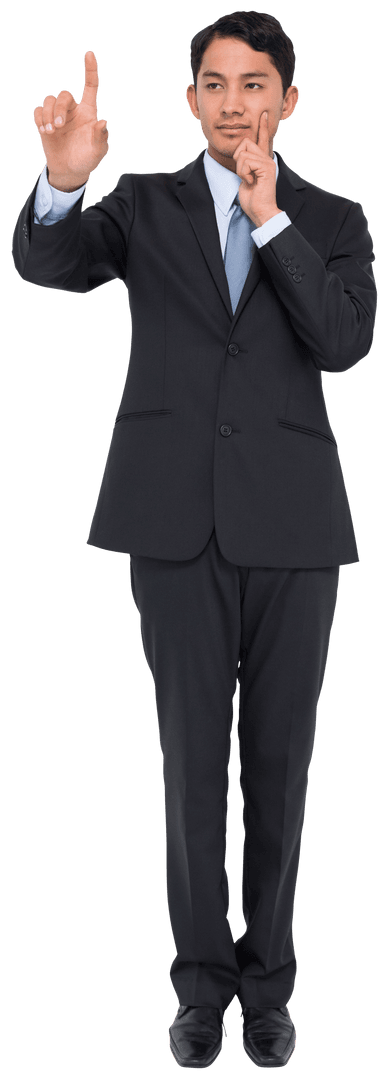 Business Professional Pointing Thoughtfully on Transparent Background