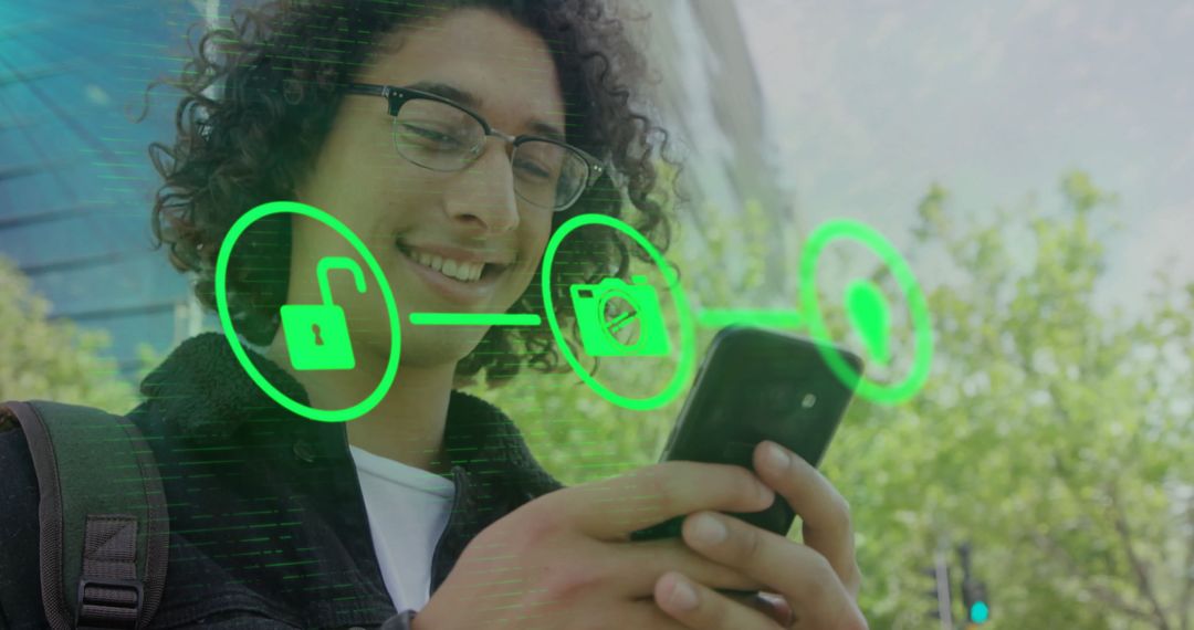 Young Man Using Smartphone with Digital Data Interface Overlay