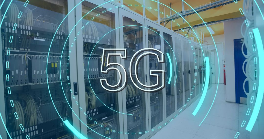 5G Technology Concept with Server Room and Digital Interface