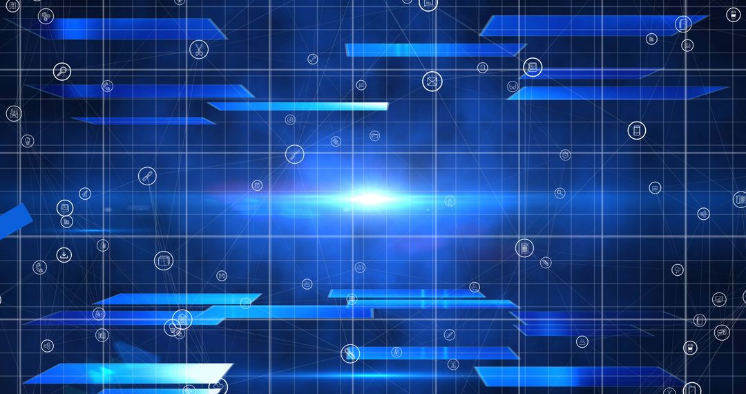 Futuristic Digital Interface with Blue Grid and Technology Icons