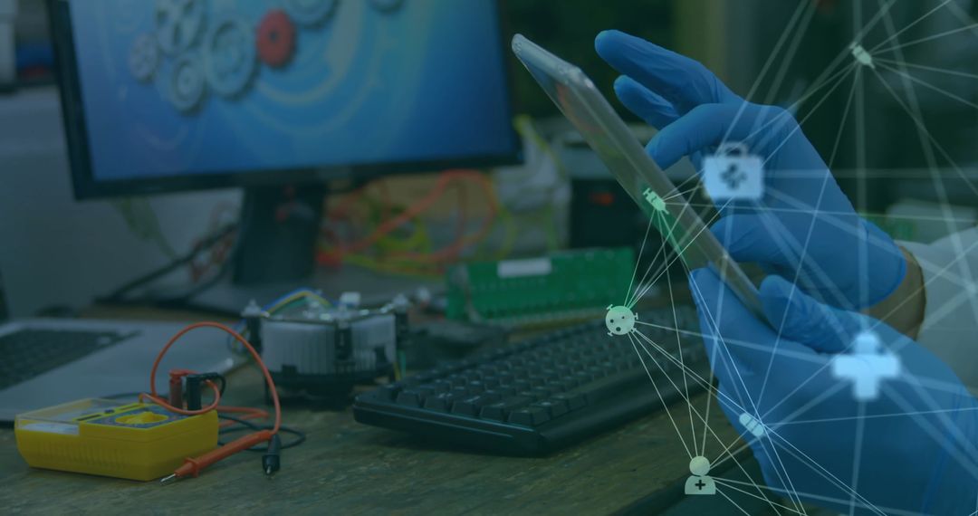 Scientist Analyzing Data on Tablet with Network Overlay in Laboratory