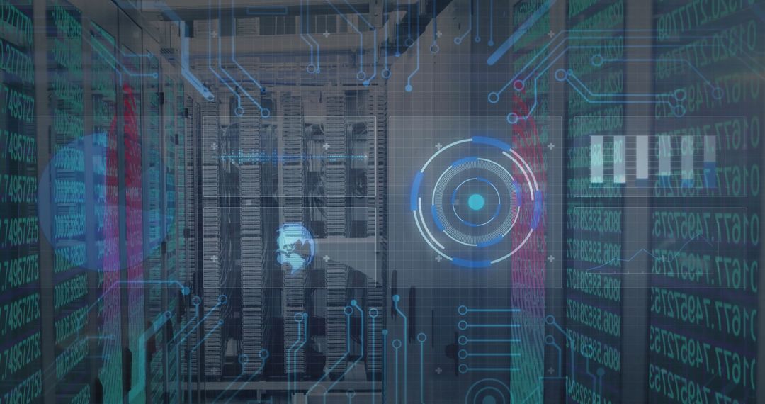 Futuristic Server Room with Holographic Interface and Networking Display