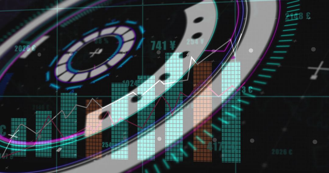 Futuristic HUD Data Dashboard Showing Neon Bar Charts and Rising Trend Line in Teal Purple