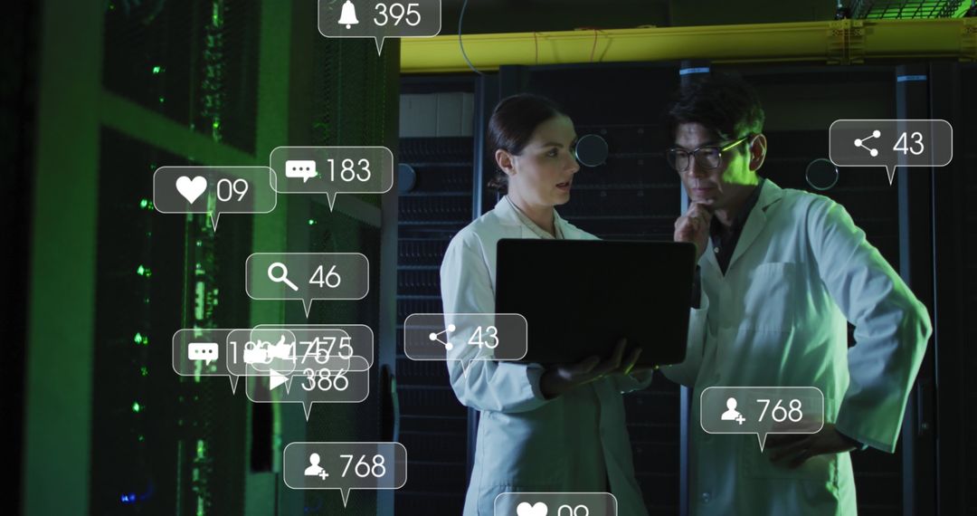 Technicians Analyzing Data Amidst Digital Icon Overlay