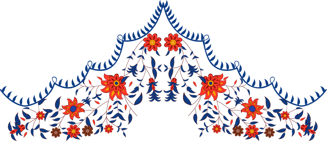 Ornate floral motif with red and orange blooms on transparent background