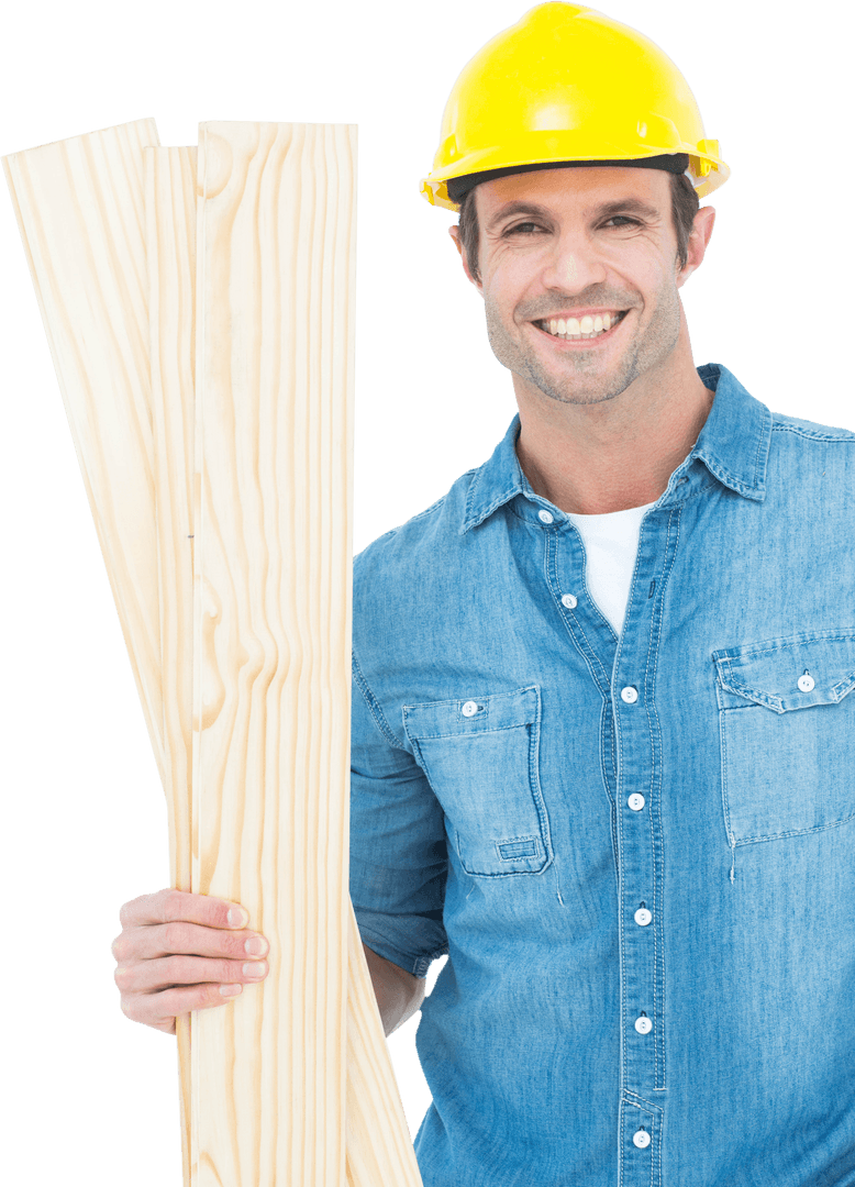 Transparent Happy Carpenter Holding Wooden Planks Project