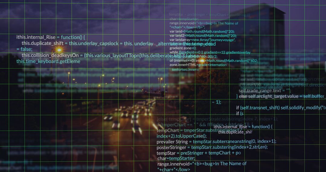 Digital Code Overlay on Night Cityscape