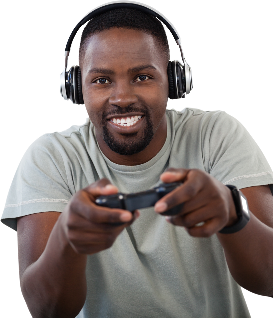 Transparent smiling man playing video game with headphones - Download Free Stock Images Pikwizard.com