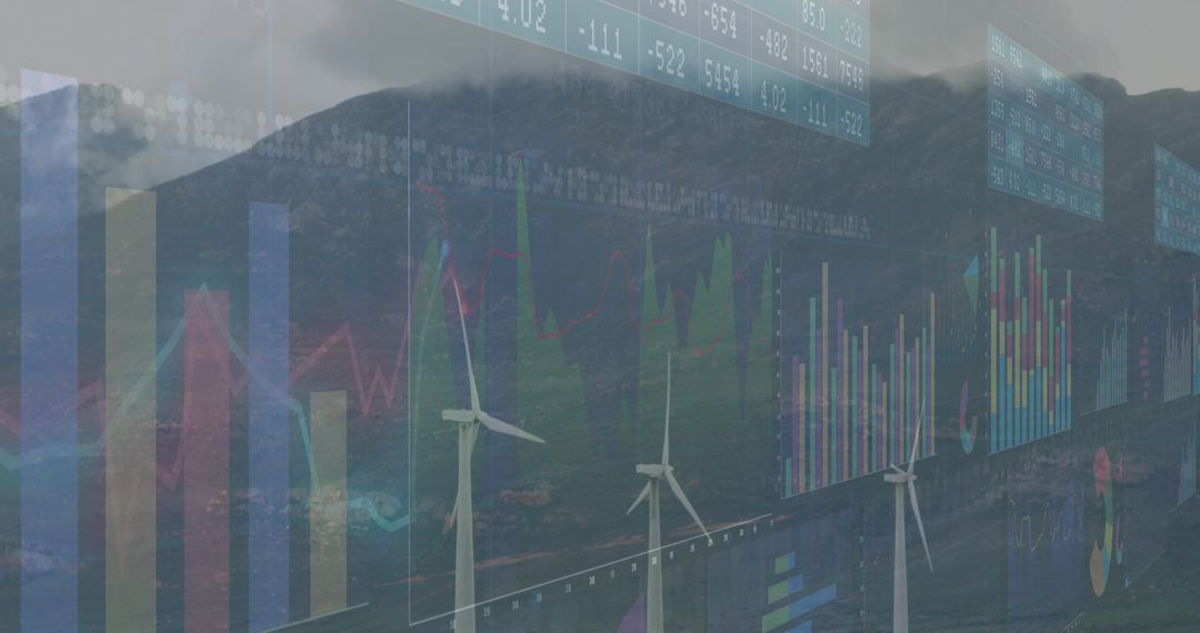 Wind Turbines on Mountain with Financial Data Overlay