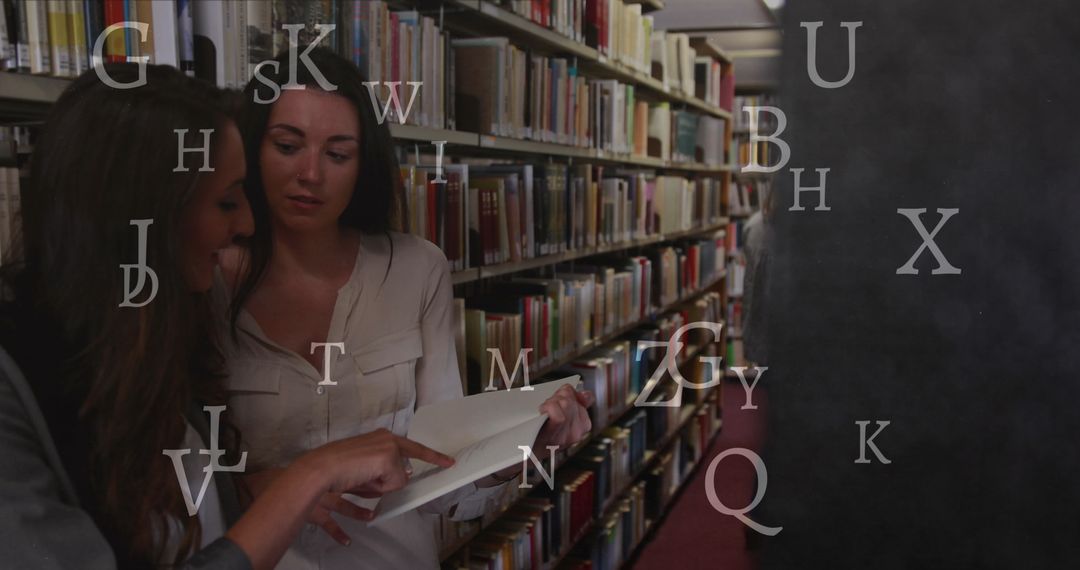 Students Collaborating in Library Surrounded by Digital Letters
