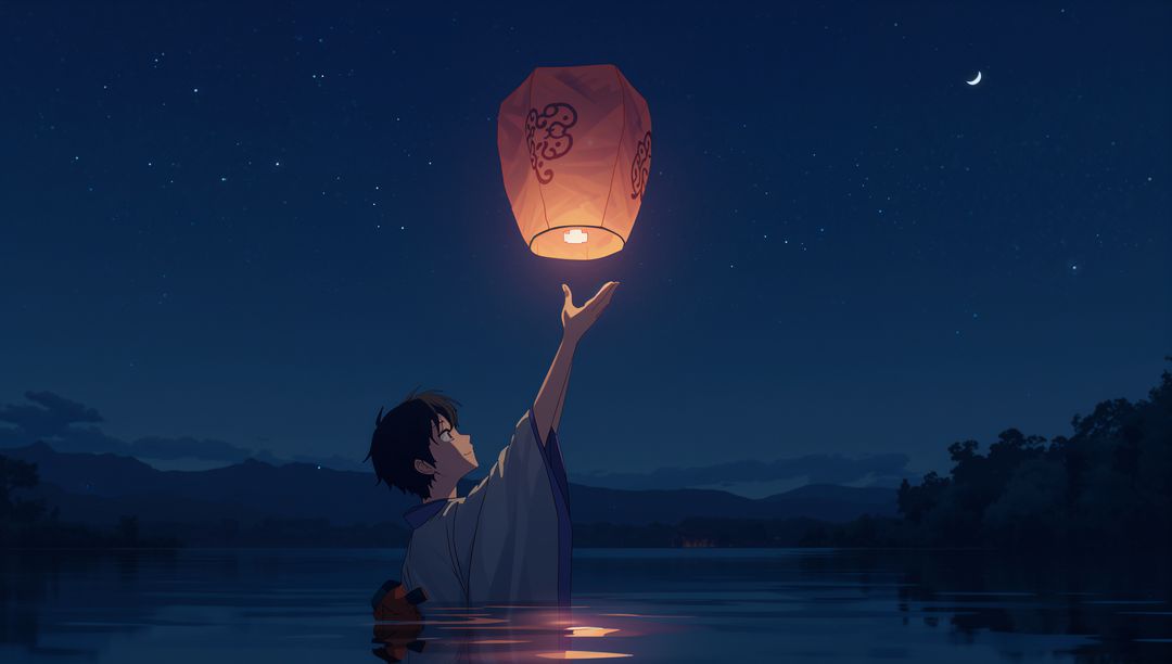 Teen Sending Lantern Upward in Tranquil Lake at Night