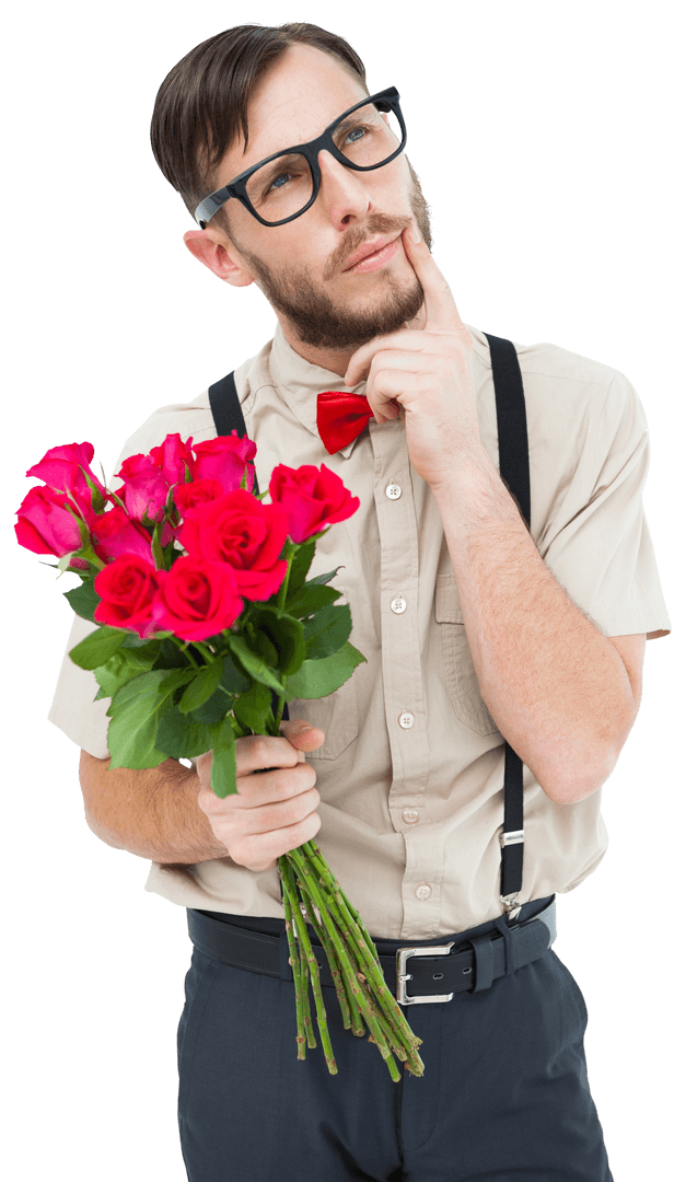 Transparent Geeky Hipster Offering Bunch of Red Roses