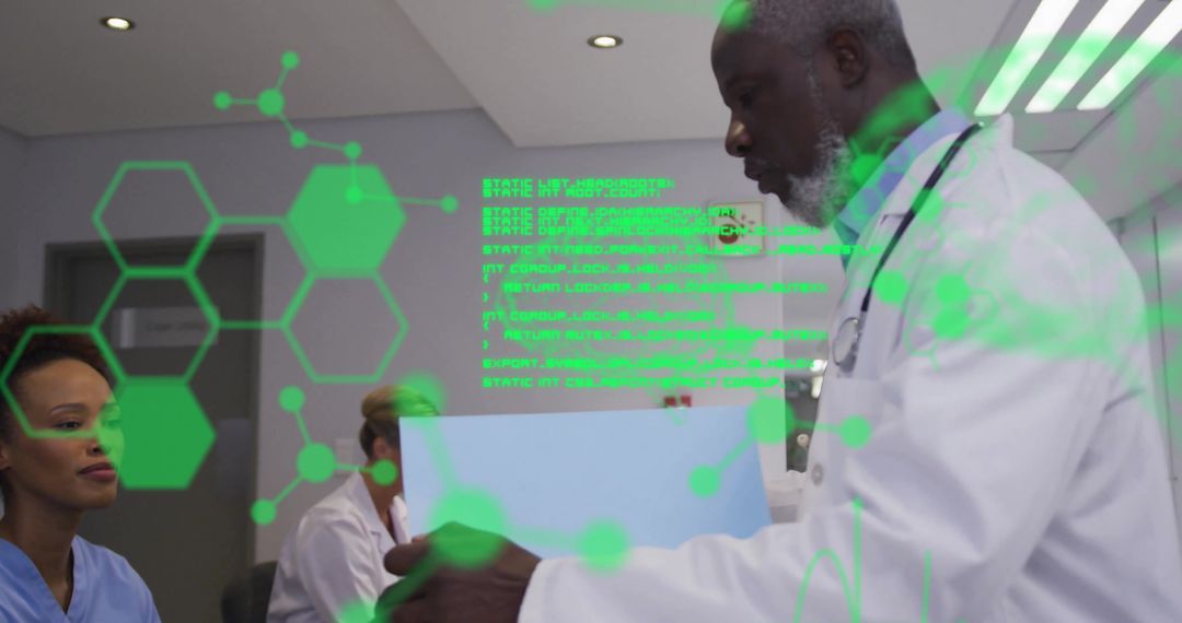 Healthcare Team Collaborating with Digital Data Overlay