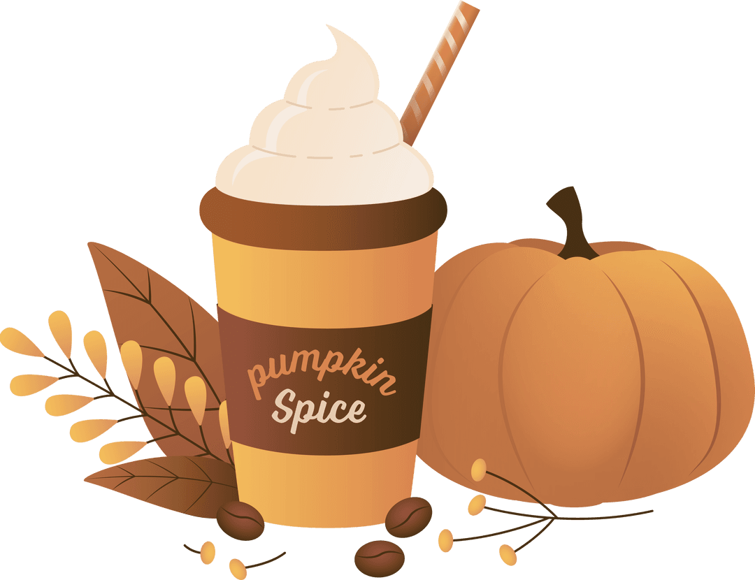 Pumpkin Spice Latte with Pumpkin and Foliage on Transparent