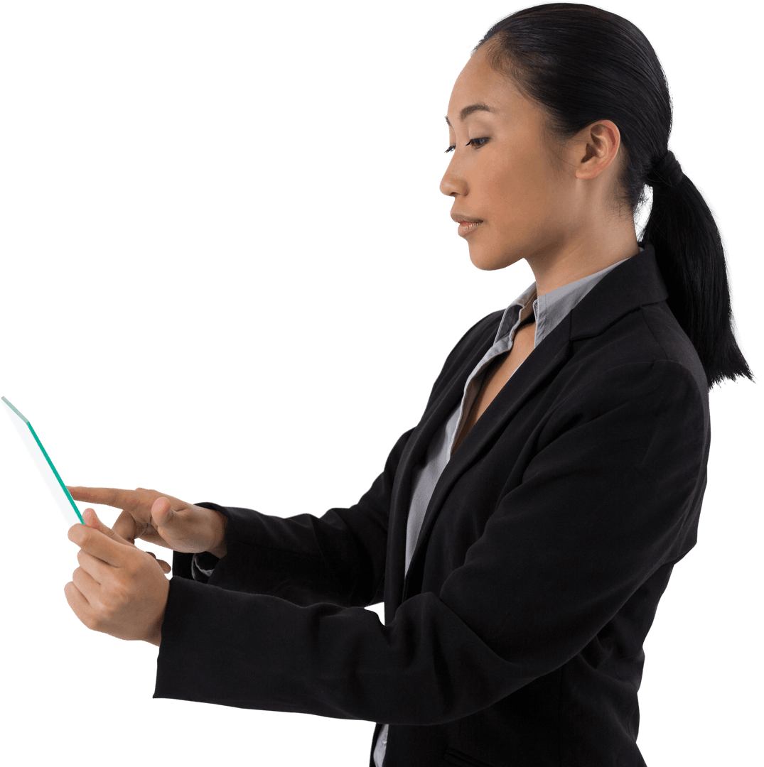 Asian Businesswoman Using Transparent Tablet Technology