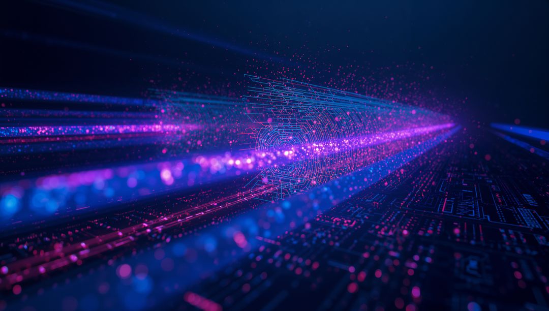 Neon Data Streams in Digital Circuit with Futuristic Fingerprint