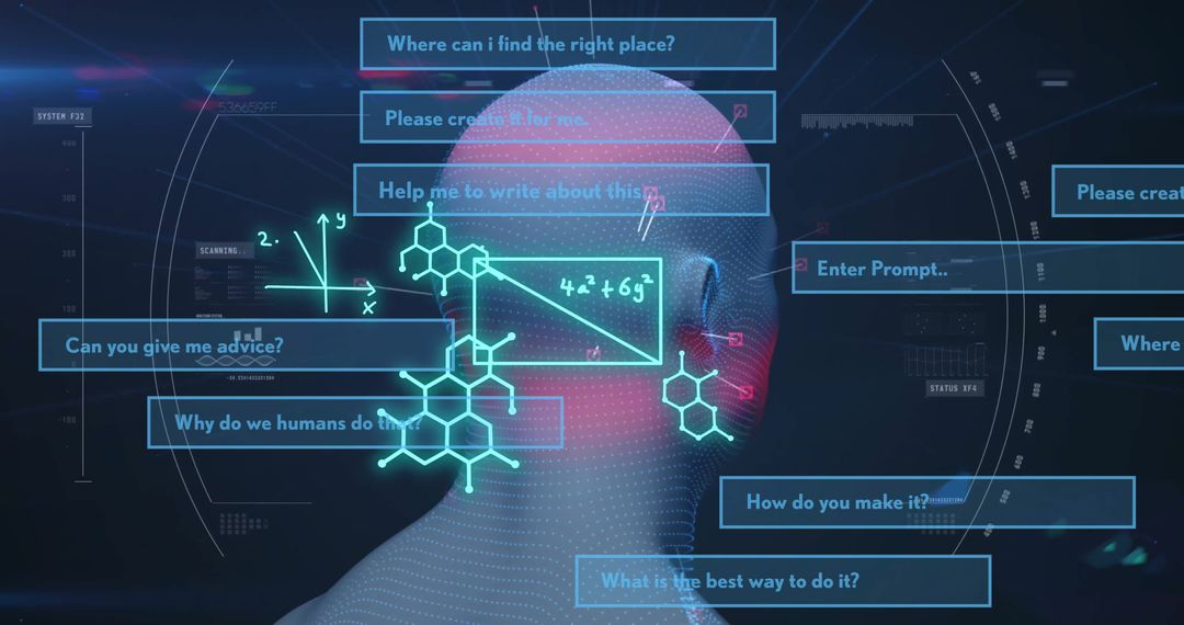 Futuristic Human Head with Science Formulas and Molecular Structures