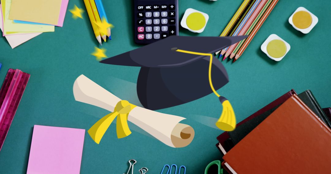 Graduation Cap and Diploma Surrounded by School Supplies on Desk