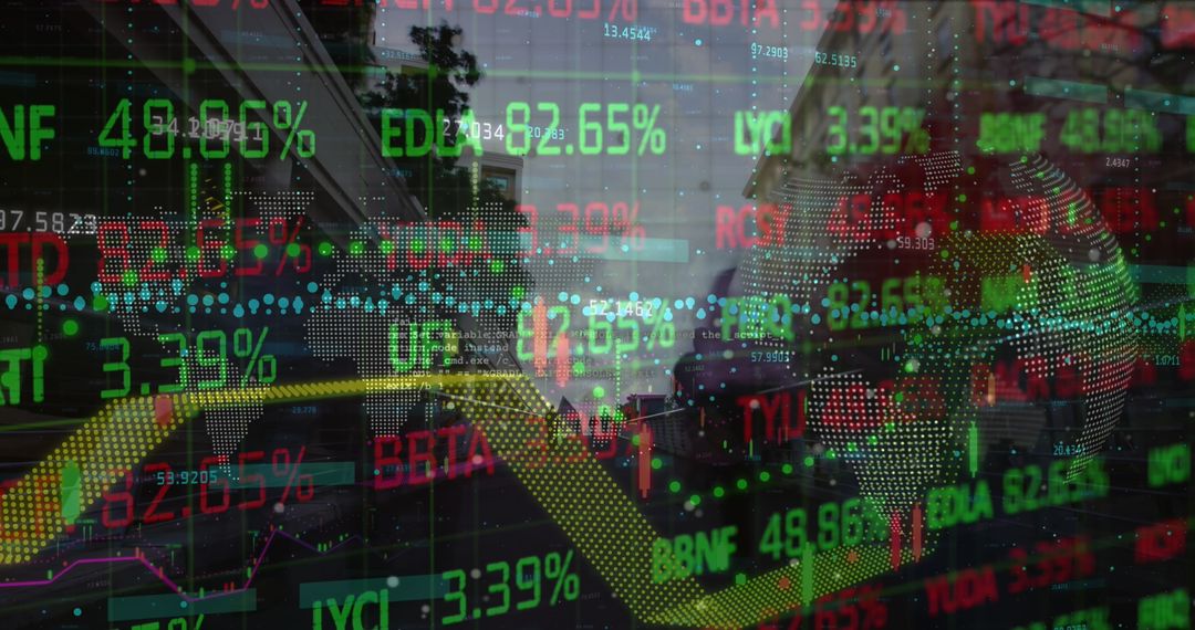 Dynamic Financial Data and Market Analysis Overlayed on Cityscape