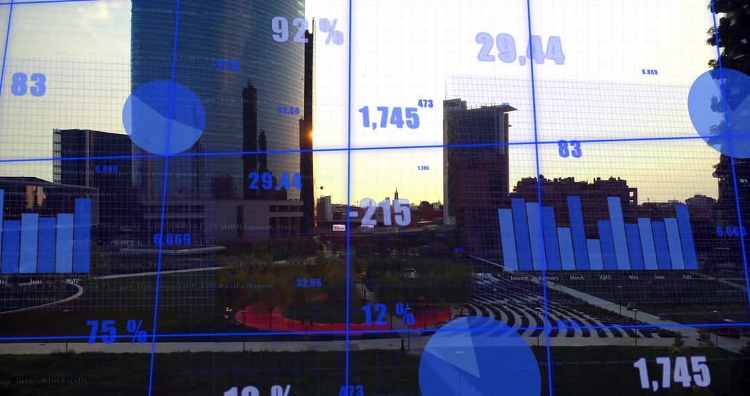 City Skyline with Data in Park at Dusk