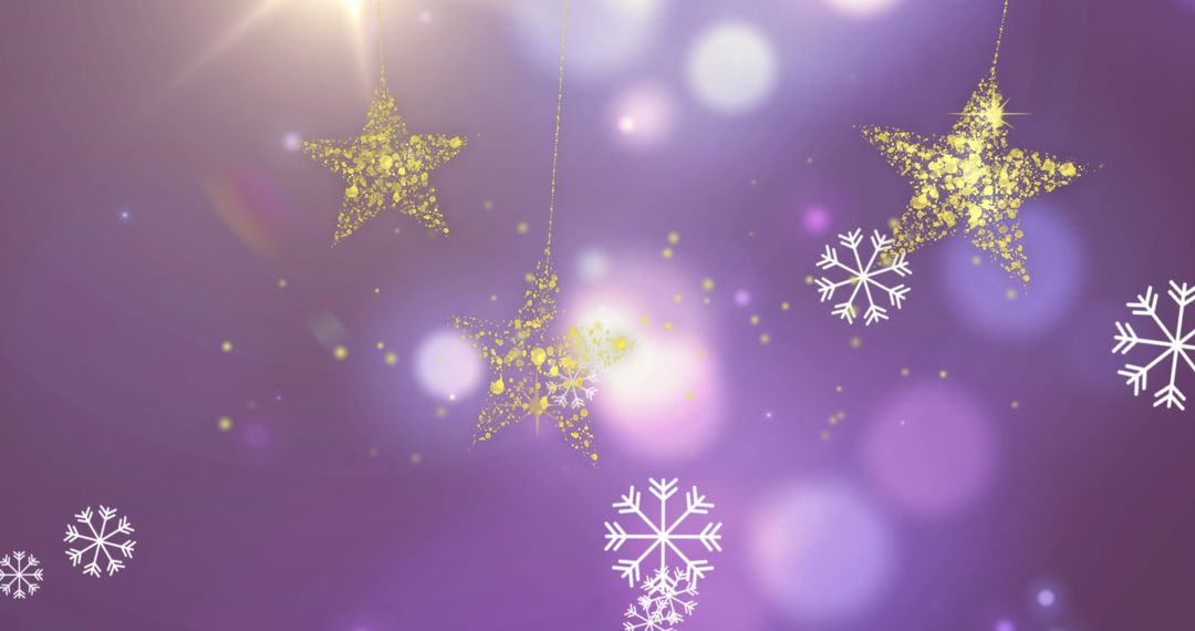 Golden Stars and Snowflakes on Soft Purple Bokeh Background