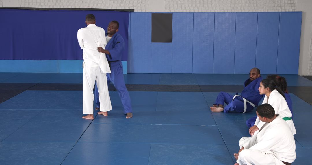 Judo Class Training Session with Diverse Practitioners in Dojo